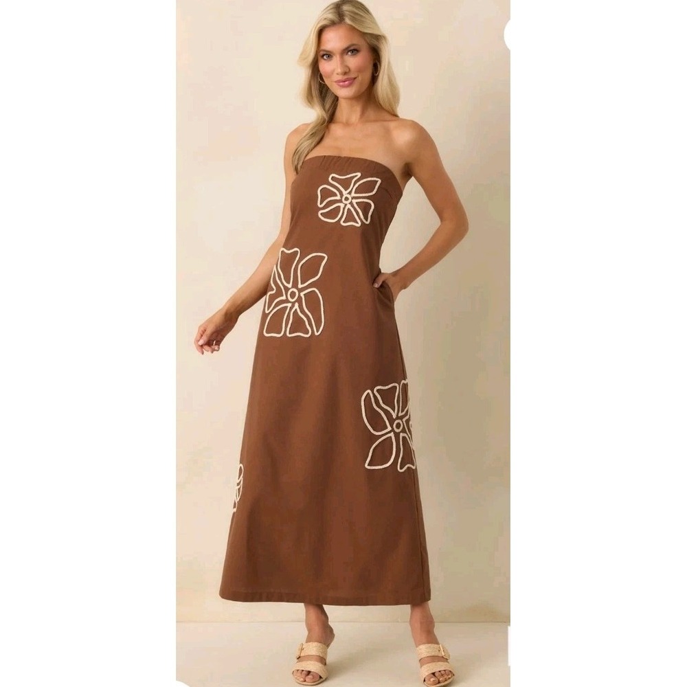 Lalavon Womens Tube Maxi Dress‎ Brown Small Boho Western